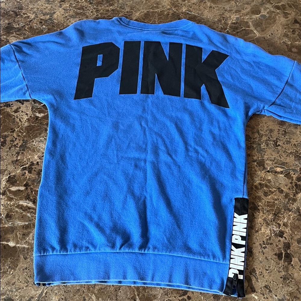 PINK Victoria’s Secret Blue Big Logo Sweatshirt Side Logo Zippers XS Relaxed Fit